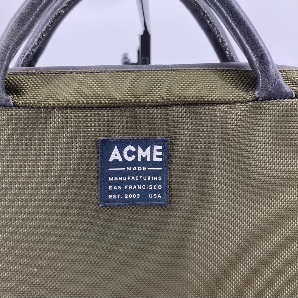 Acme Made laptop briefcase green canvas with leather handles